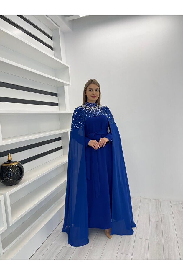 2858 ŞİFON ÜZERİ İNCİ İŞLEMELİ ELBİSE - 1