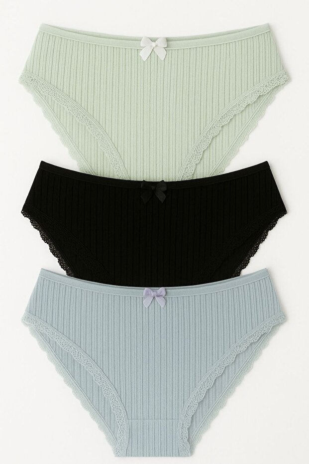 Waist Elastic Leg Lace Perforated Rib Panties Set of 3