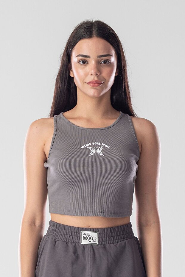 Halter Neck Tank Crop Slogan Printed Cotton Ribbed Knitted Camisole Lycra Top