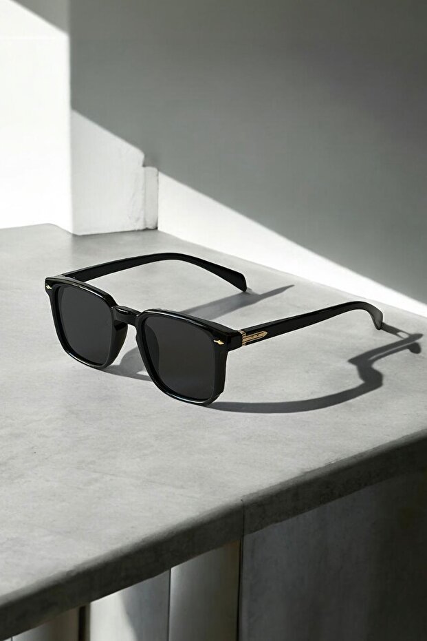 Arrow Men's Black Square Frame Sunglasses – Gold Detail, Uv400 Protection, Classic Design