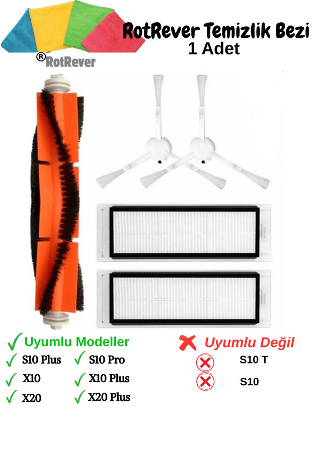 Xiaomi S10+Plus (S10 T DEĞİL)X10+Plus Uyumlu Filtre,Fırça,RotRever Bez Yedek Parça Seti-6 Parça - 1