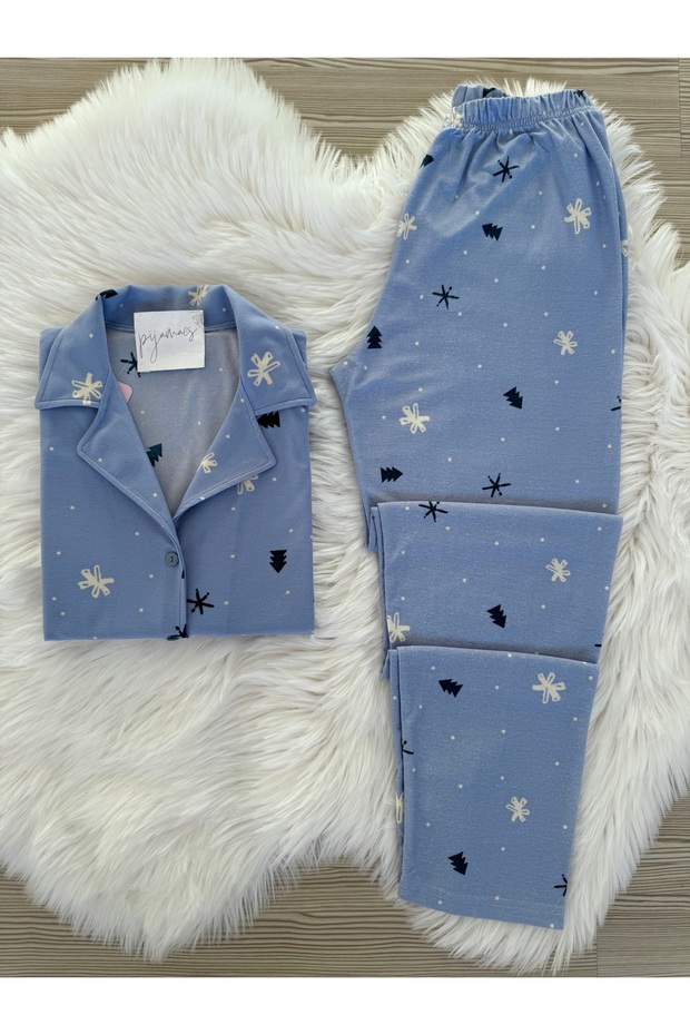 Mavi Kar Desenli Süet Gömlek Yaka Uzun Kol Pijama Takımı - 1