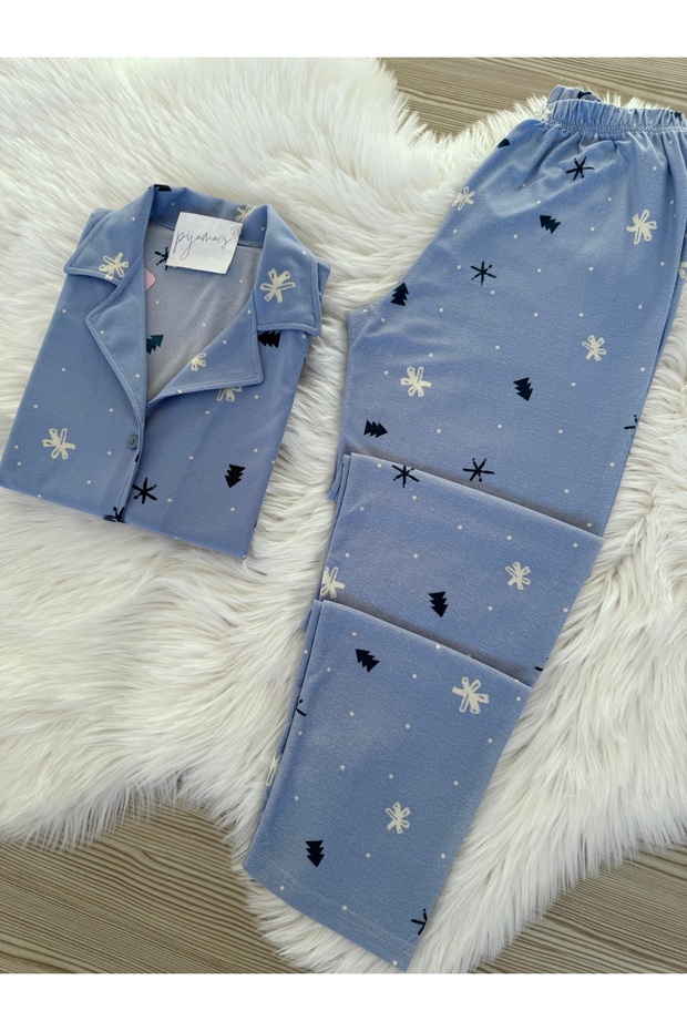 Mavi Kar Desenli Süet Gömlek Yaka Uzun Kol Pijama Takımı - 4