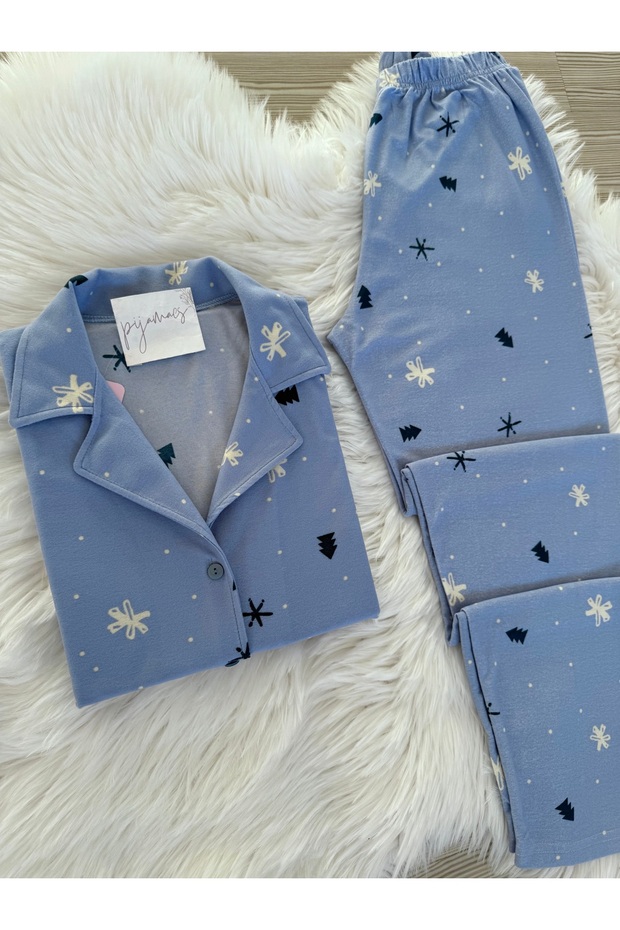 Mavi Kar Desenli Süet Gömlek Yaka Uzun Kol Pijama Takımı - 3
