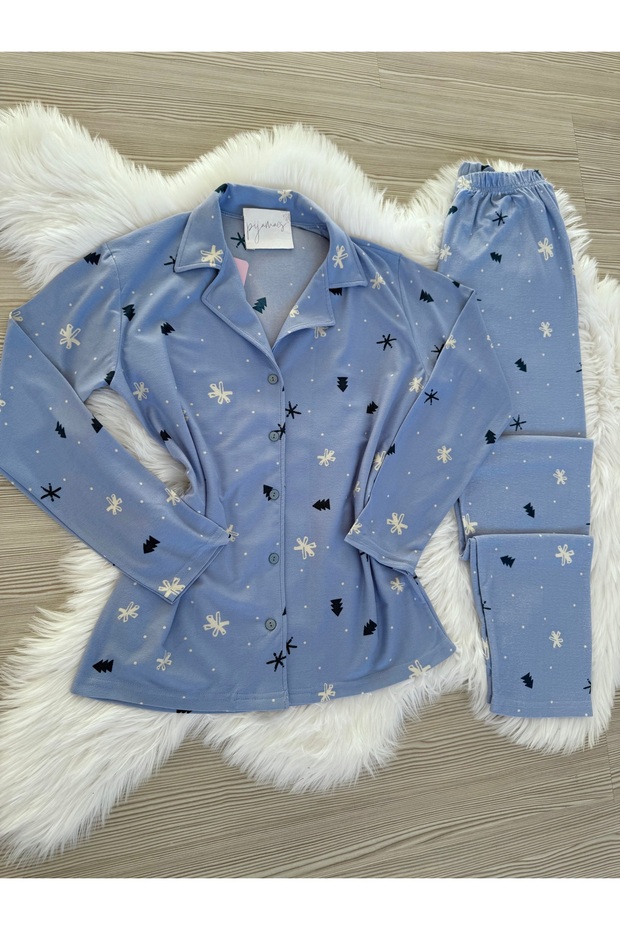 Mavi Kar Desenli Süet Gömlek Yaka Uzun Kol Pijama Takımı - 6