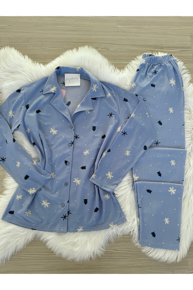 Mavi Kar Desenli Süet Gömlek Yaka Uzun Kol Pijama Takımı - 8