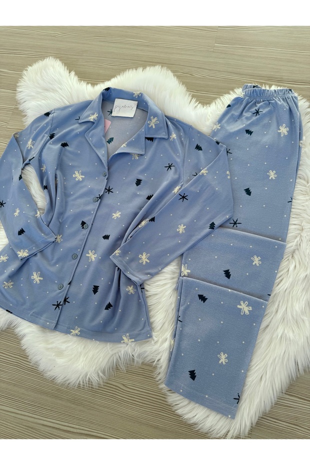 Mavi Kar Desenli Süet Gömlek Yaka Uzun Kol Pijama Takımı - 7