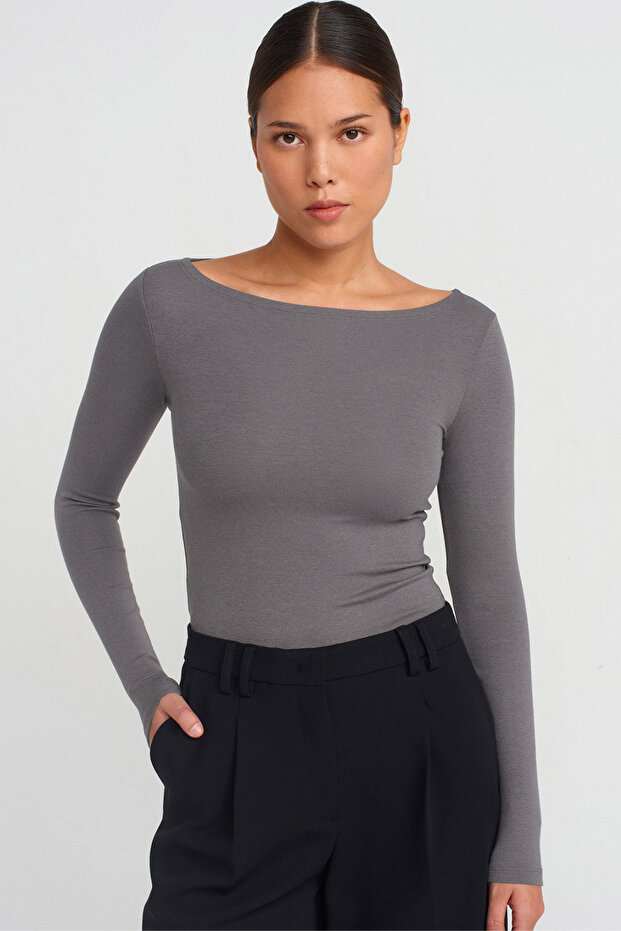 Women's Anthracite Boat Neck Long Sleeve Top 100% Cotton