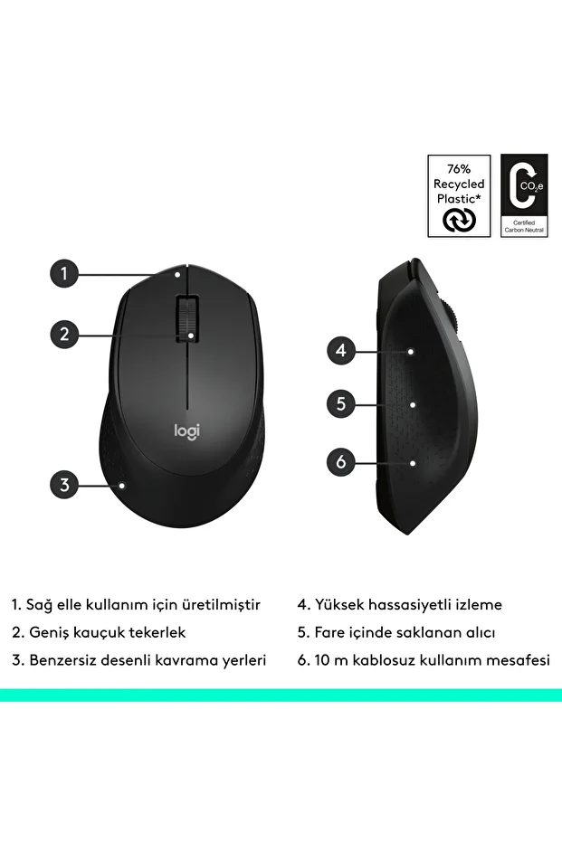 M280 Comfort Plus USB Alıcılı 1000 DPI Kablosuz Mouse - Siyah - 8