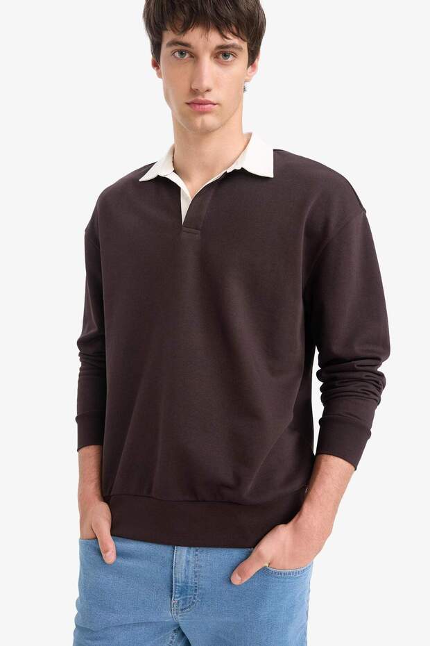 Boxy Fit Polo Yaka Basic Düz Sweatshirt E6523AX24WN - 7