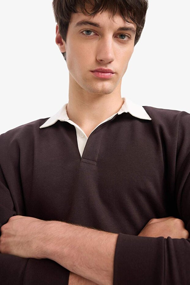 Boxy Fit Polo Yaka Basic Düz Sweatshirt E6523AX24WN - 8