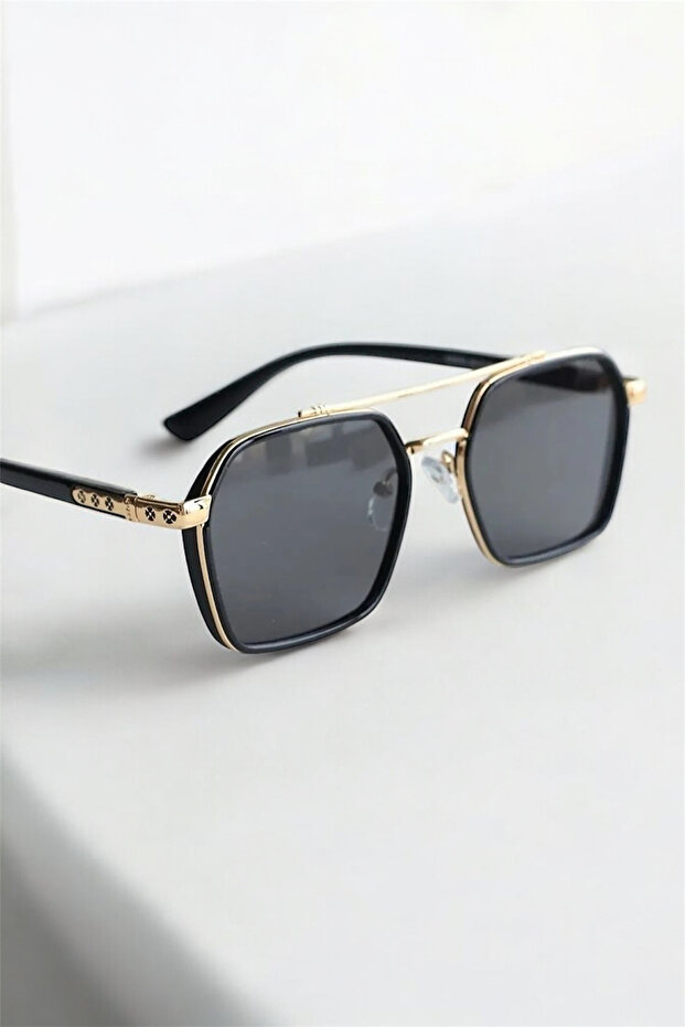 Ecş Unisex Black Square Metal Gold Handle Uv400 Sunglasses