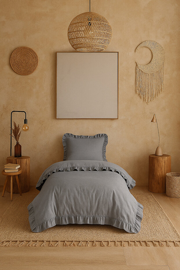 Single Ruffled Duvet Cover Set 100% Cotton Private Gray