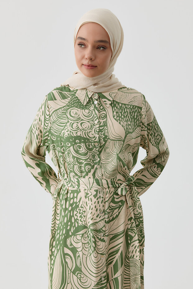 Kemerli Desenli Uzun Tunik - Haki - 4