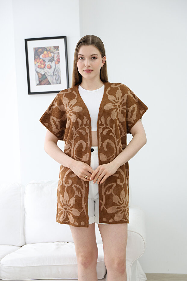 V-Neck Unlined Jacquard Panel Floral Patterned Seasonal Knitwear Vest Cardigan