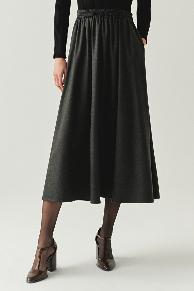 Regular Midi Gray Skirt with Elastic Waist and Pockets - 5