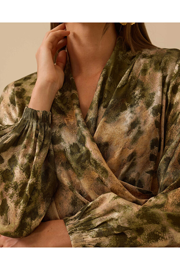 Drapeli Kruvaze Desenli Bluz - 4