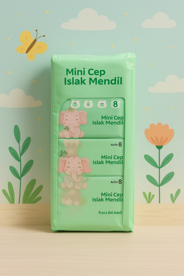 Mini Cep Islak Mendil 1 Paket 8'li | Yeşil | Alkol ve Paraben İçermez | - 1