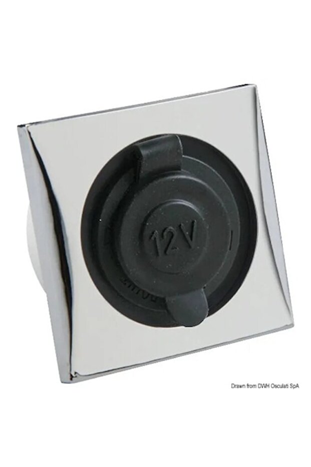 Waterproof 12V Socket, Chrome Front Panel, Black Socket, 53 mm Recess