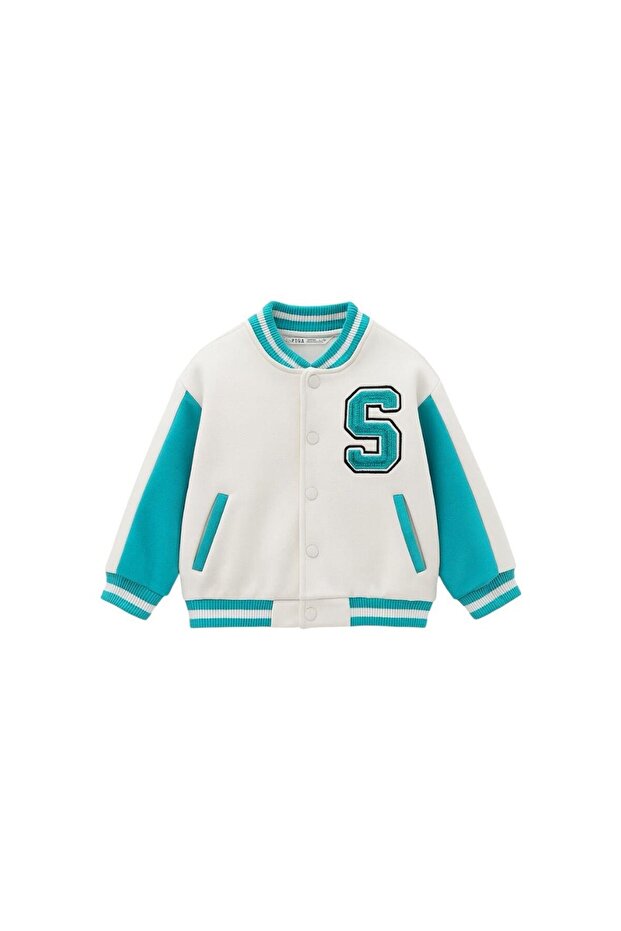 Unisex Kids Cotton White Turquoise College Jacket - Letter Appliqued Bomber Coat