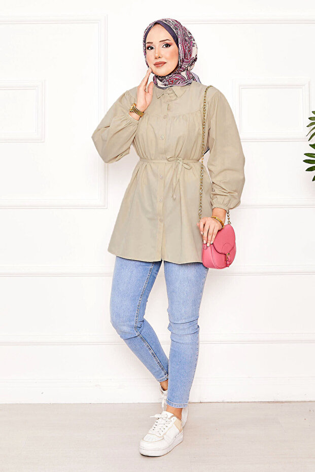 Roba Gathered Waist Lace-Up Hijab Shirt Dark Beige