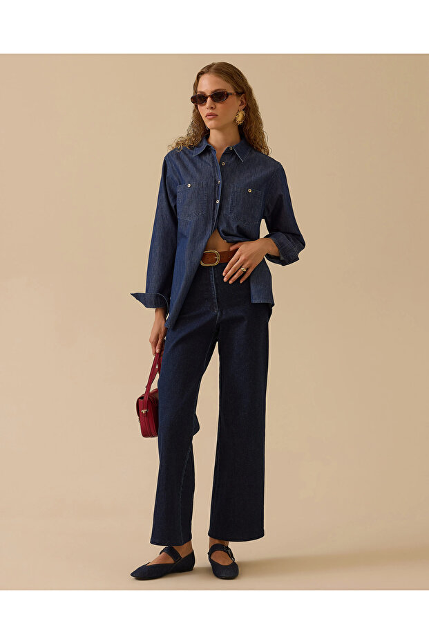 Cepli Düğmeli Jean Gömlek - 1