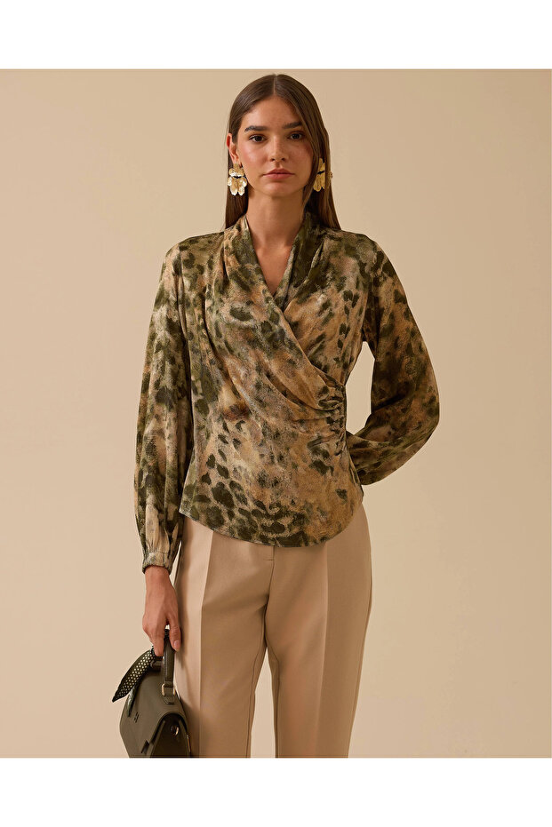 Drapeli Kruvaze Desenli Bluz - 2