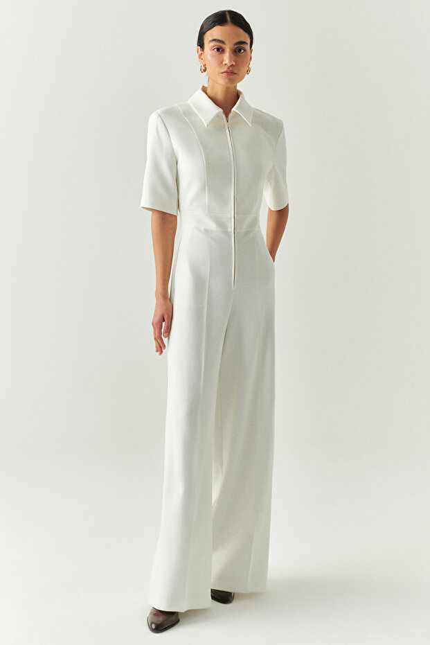 Short-Sleeve Zip-Up Slim Fit Shirt Collar Jumpsuit