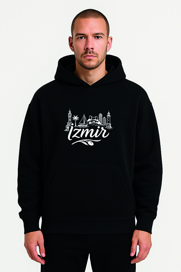 Izmir Printed Black Oversize Hooded Sweatshirt Hoodie