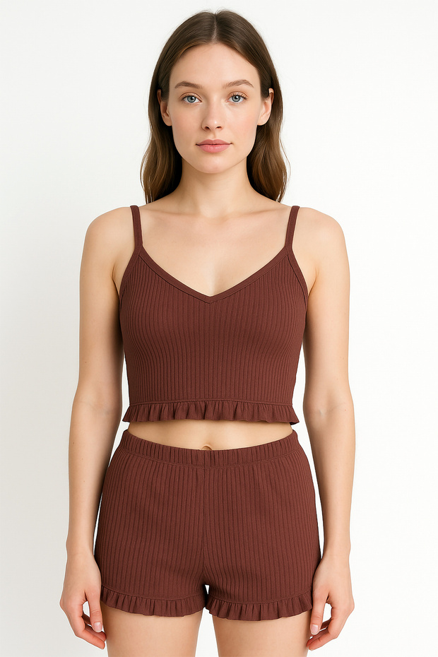 Cotton Ribbed Crop Tank Top and Ruffle Shorts Women's Pajama Set