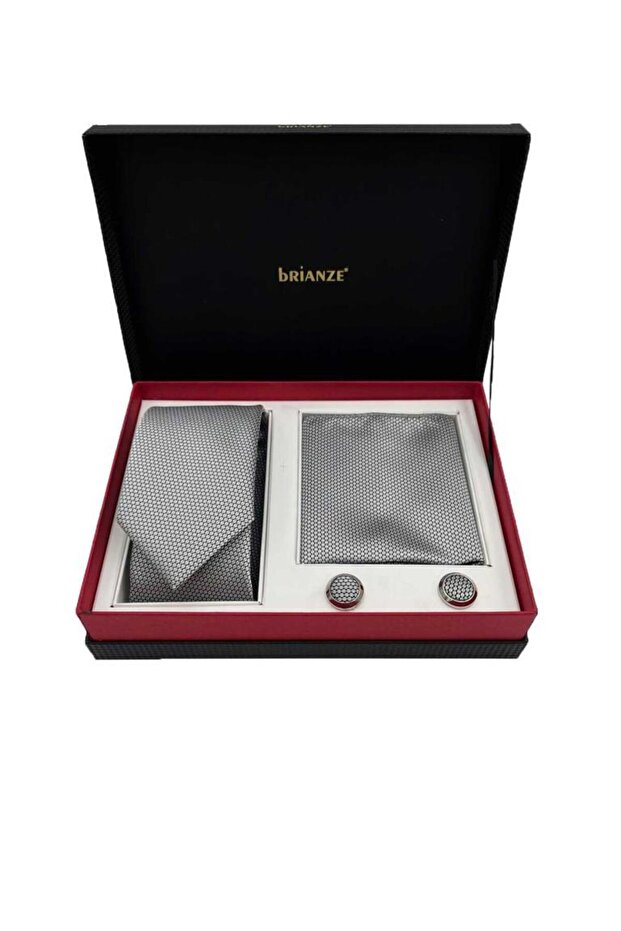 مجموعة منديل ربطة عنق رمادية وأزرار أكمام في صندوق - 1