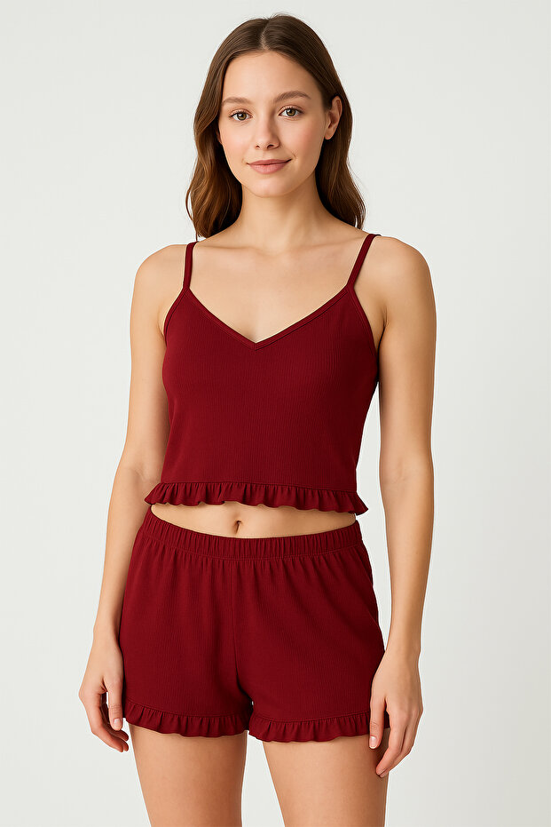 Cotton Ribbed Crop Tank Top and Ruffle Shorts Women's Pajama Set