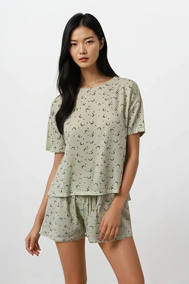 Kadın Sarı Panda Kingdom Soft Doku Bisiklet Yaka Üst Şort Pijama Takım - 2