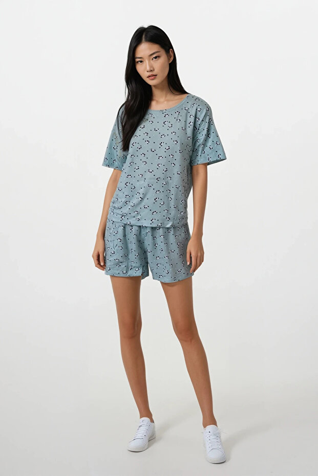 Kadın Mint Panda Kingdom Soft Doku Bisiklet Yaka Üst Şort Pijama Takım - 3