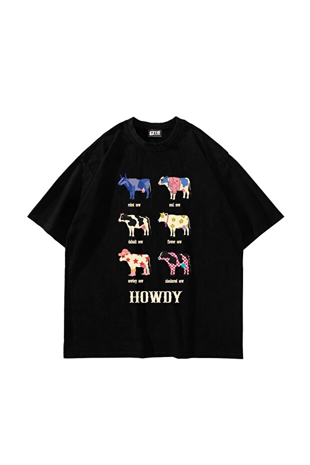 تي شيرت أسود كبير الحجم مطبوع عليه Howdy Cows للجنسين