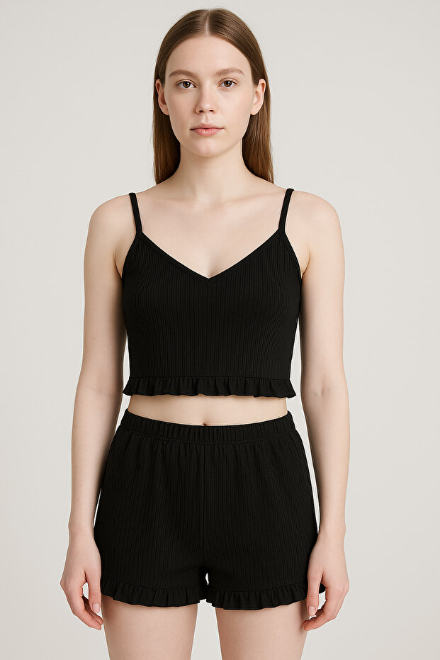 Cotton Ribbed Crop Tank Top and Ruffle Shorts Women's Pajama Set