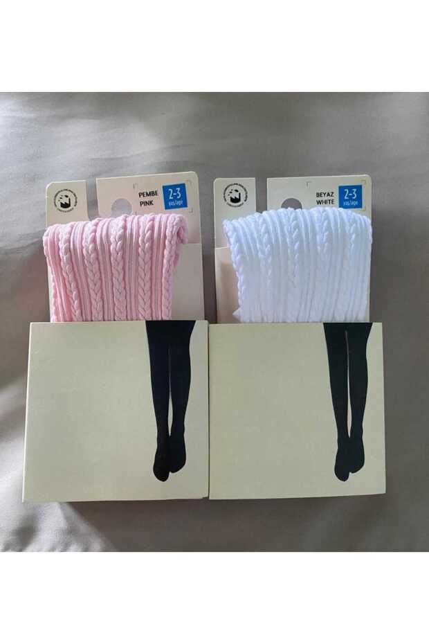2-Piece Girl's Patterned Pantyhose Knit Ted Model 80 Den Seasonal Pantyhose (Pink & White)