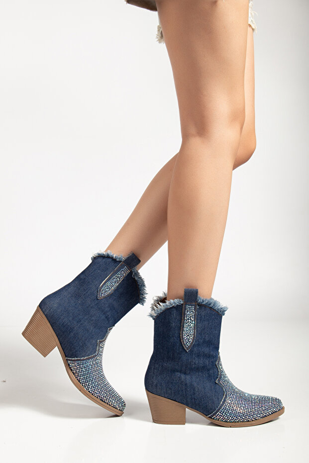Kadın Yırtık Detaylı Kot Bot Taşlı Kovboy Tarzı Cowgirl Bot - 5