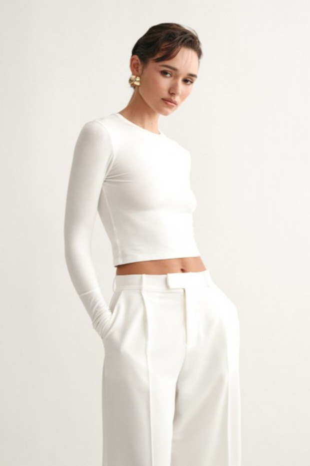 White – Crew Neck Basic Long Sleeve Bodysuit - 3