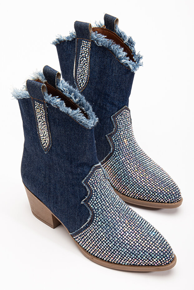 Kadın Yırtık Detaylı Kot Bot Taşlı Kovboy Tarzı Cowgirl Bot - 1