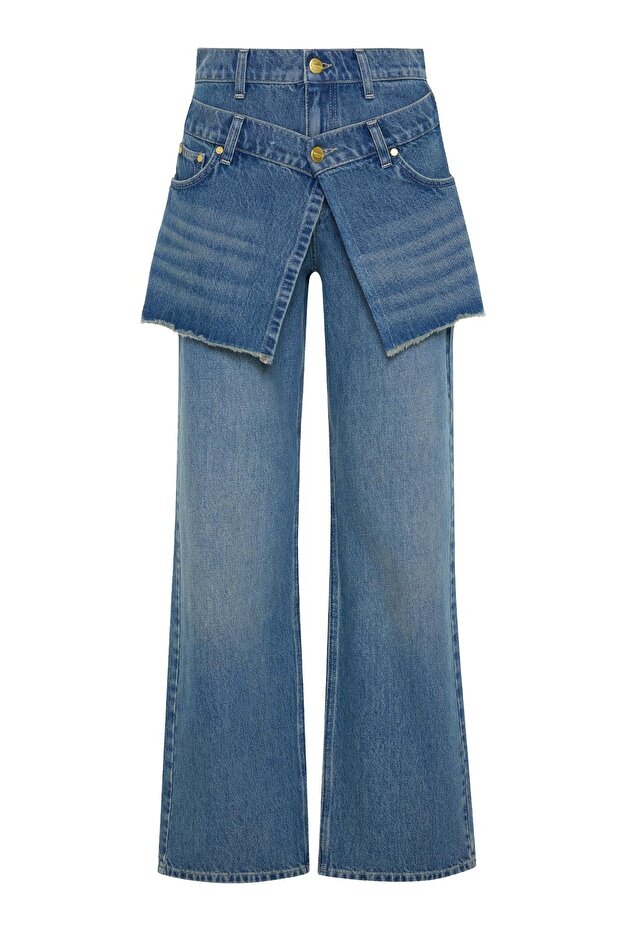 Mavi %100 Pamuk 2 Parça Görünümlü Bel Detaylı Kot Pantolon - 6