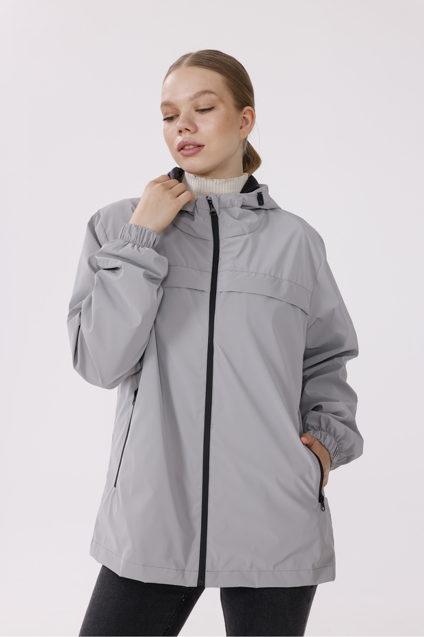 Women's gray Hooded nova fabric lightweight and durable stylish Transitional water and windproof raincoat