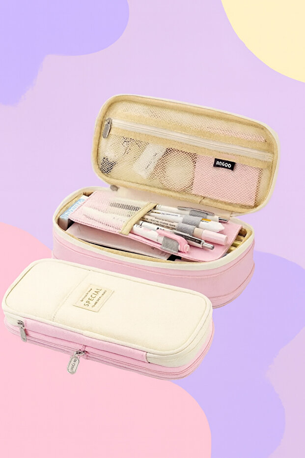 Kawaii Special Colorful Double Layer Canvas Pencil Case Pastel Tone Large Capacity Stationery Bag