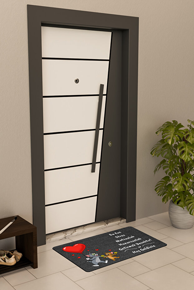 Yüksek Kaliteli Dijital Baskı Siyah, Kalp Balonlu Tom ve Jery temalı Kapı Önü Paspası - 3