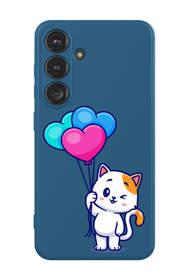 Protective Liquid Silicone Shockproof Case For Samsung Galaxy S24 Plus (Blue) - Cat holding Baloons