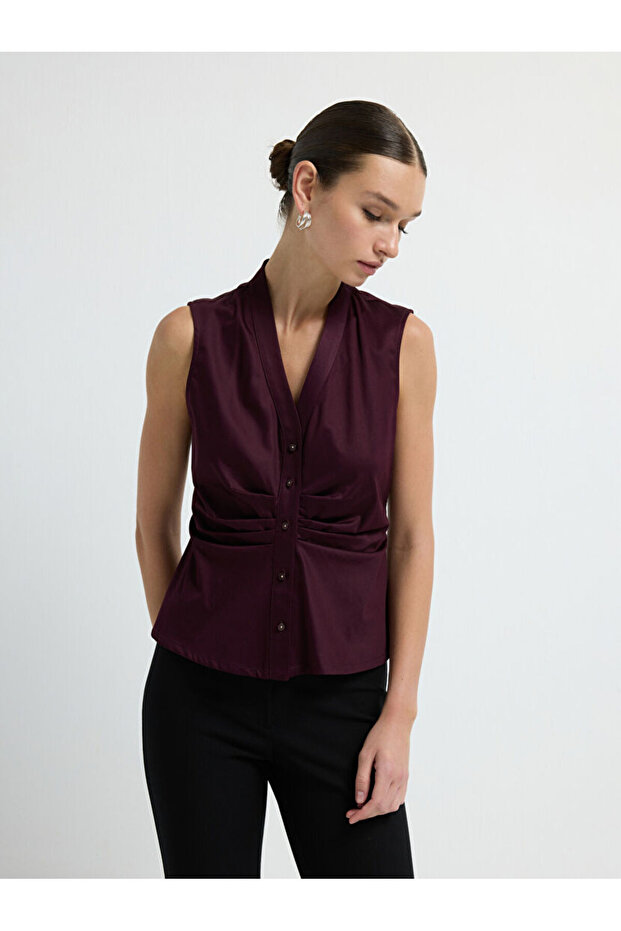 Büzgülü Düğmeli Bluz - 1