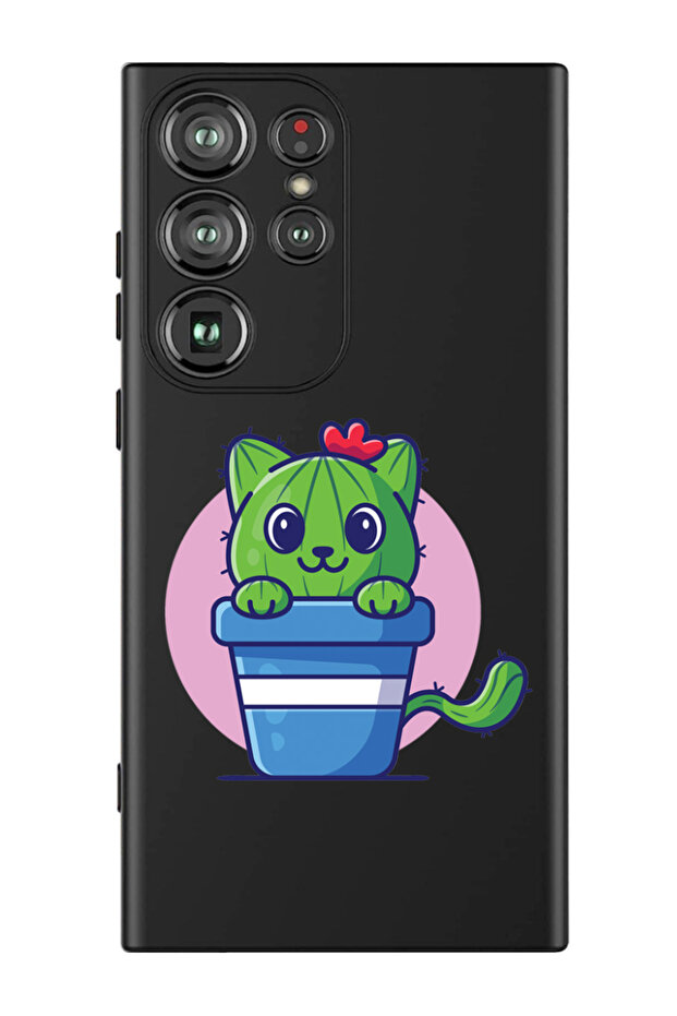 Protective Liquid Silicone Shockproof Case For Samsung Galaxy S24 Ultra (Black) - Cute Cat Cactus