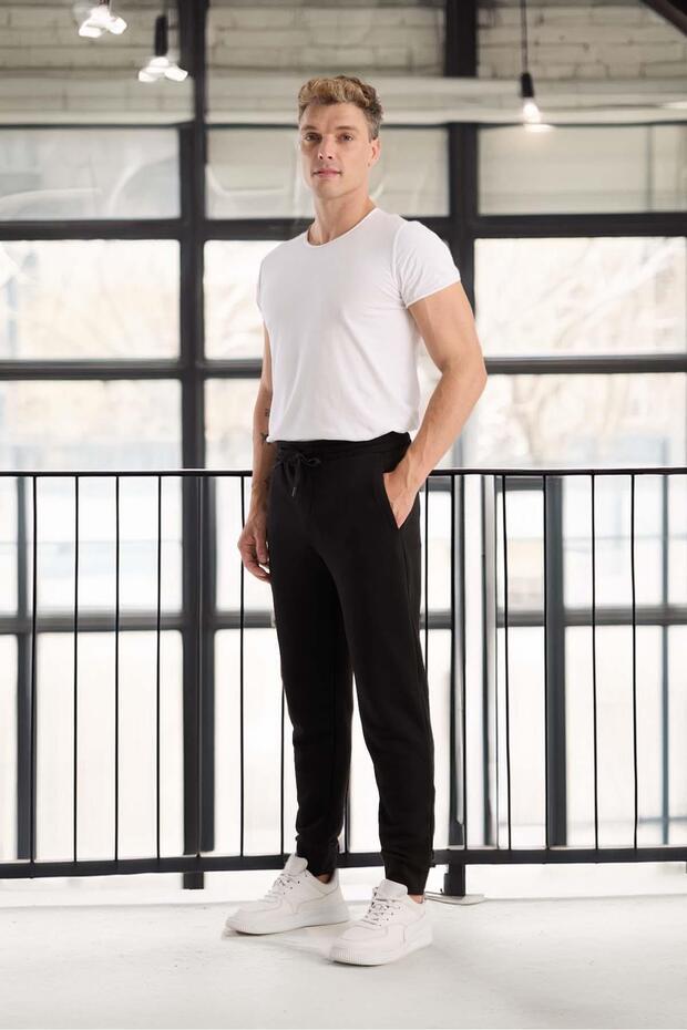 Spike Diagonal 3 İplik Manşet Paça Erkek Pantolon Eşofman Altı -Siyah - 8