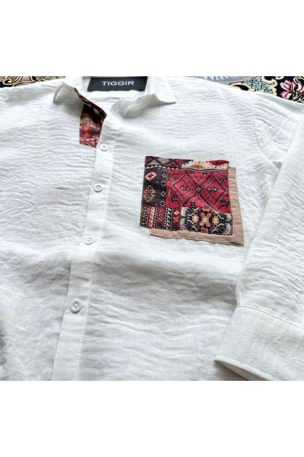 Hasır Cepli Keten Gömlek - 4