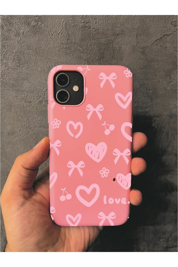 iPhone 11 Compatible Heart Doodle Patterned Pink Case